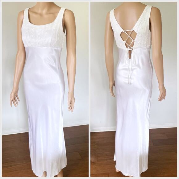Vintage 90s Slip Wedding Dress White Bias Cut Maxi Satin // Size Small